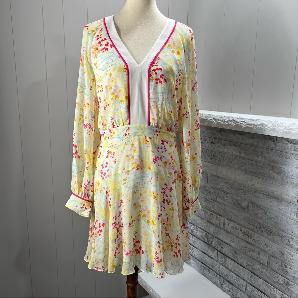 Reiss Molly V-Neckline Puff Sleeve Buttercup Yellow Floral Mini Dress 10 NWT
